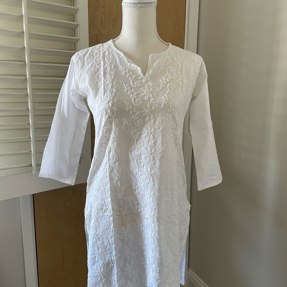 White embroidered long tunic kurti top